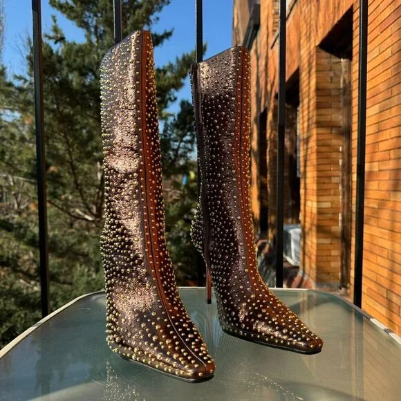 New Jeffrey Campbell Iconic Heeled Studded Boots Shoes Gold Bronze Womens 10